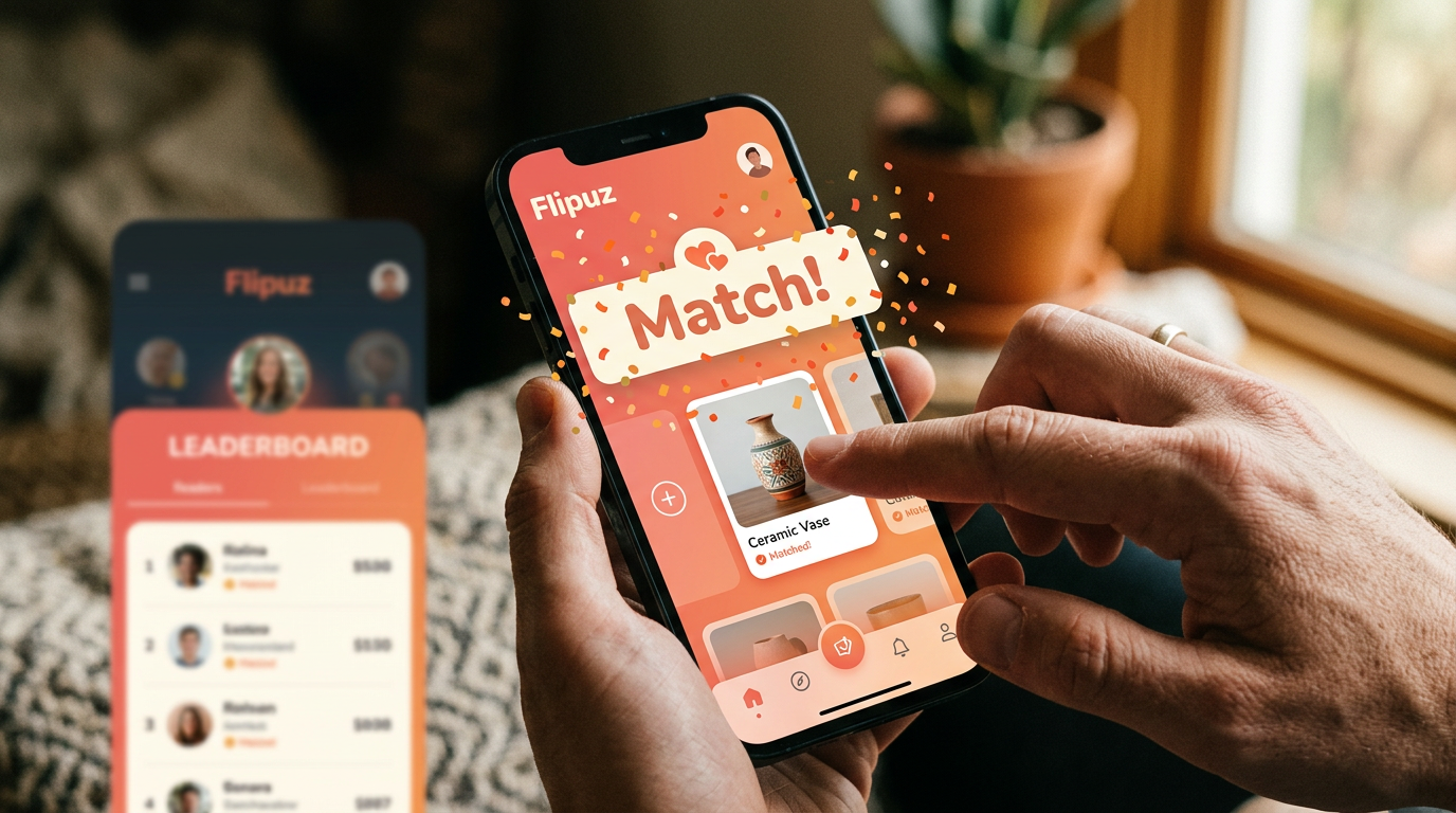 A user making a successful match on the Flipuz trading app.
