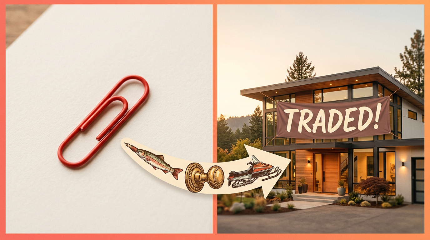 An infographic illustrating the trade-up journey from a red paperclip to a house.