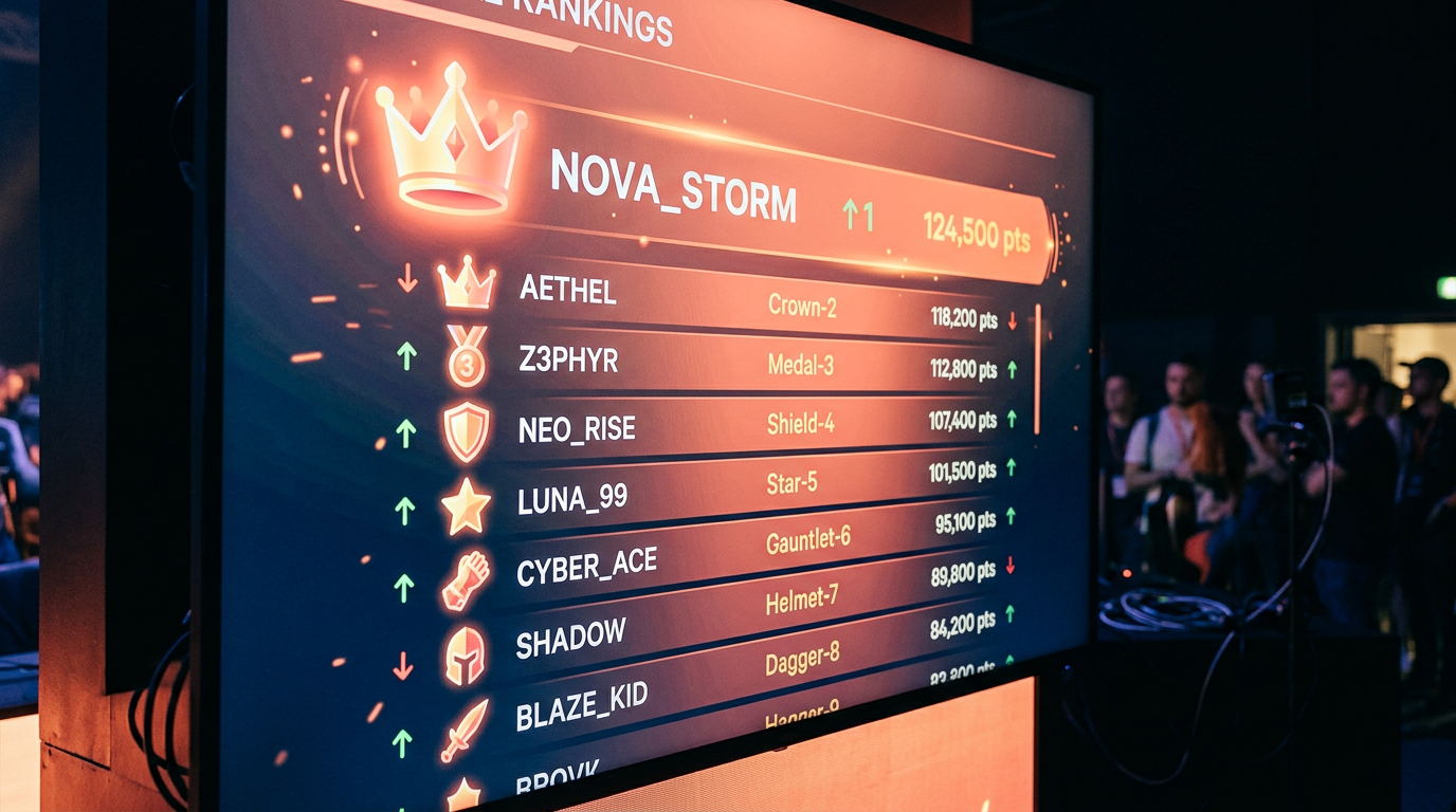 A digital screen displaying a trading leaderboard app, with users ranked by their trade success.
