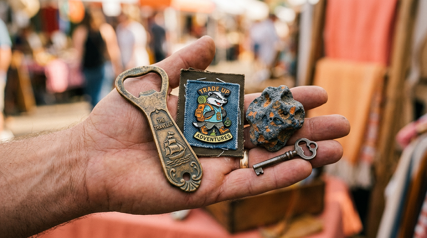 A hand holding several small, interesting items to use as a starter for a trade up challenge.