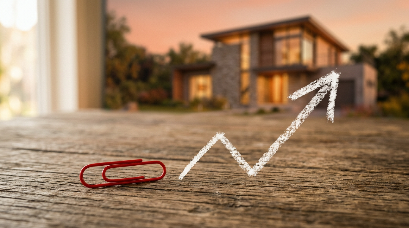 A red paperclip on a table with a chalk arrow pointing up towards a house, symbolizing the start of a trade up challenge.