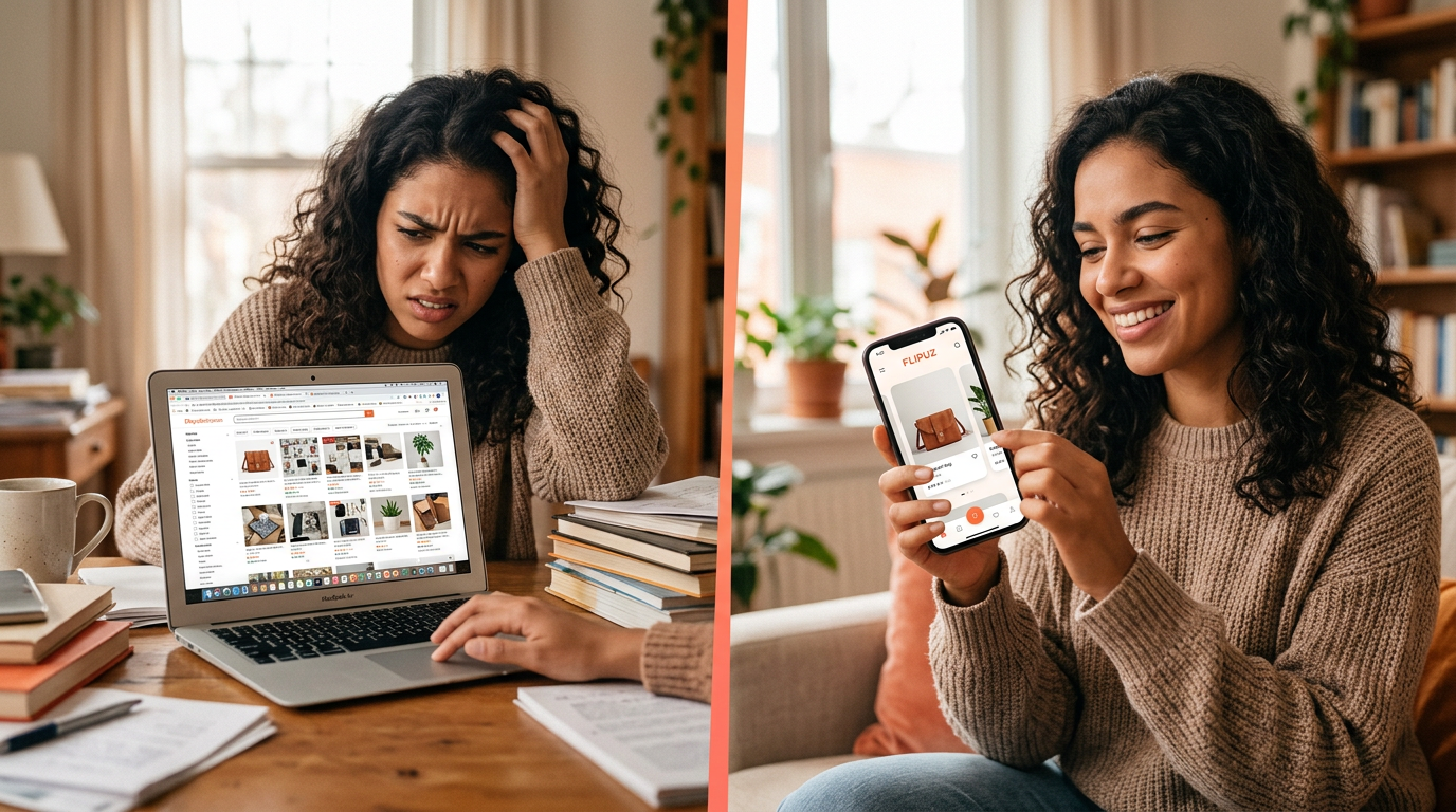 A comparison showing the frustration of old trading websites versus the ease and fun of using the Flipuz app.