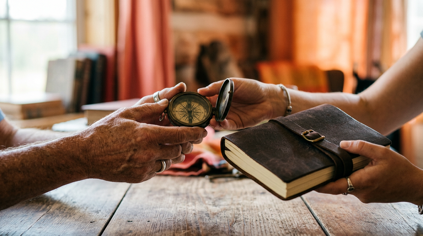 Two people bartering items by hand, representing a successful swap on an item trading app.