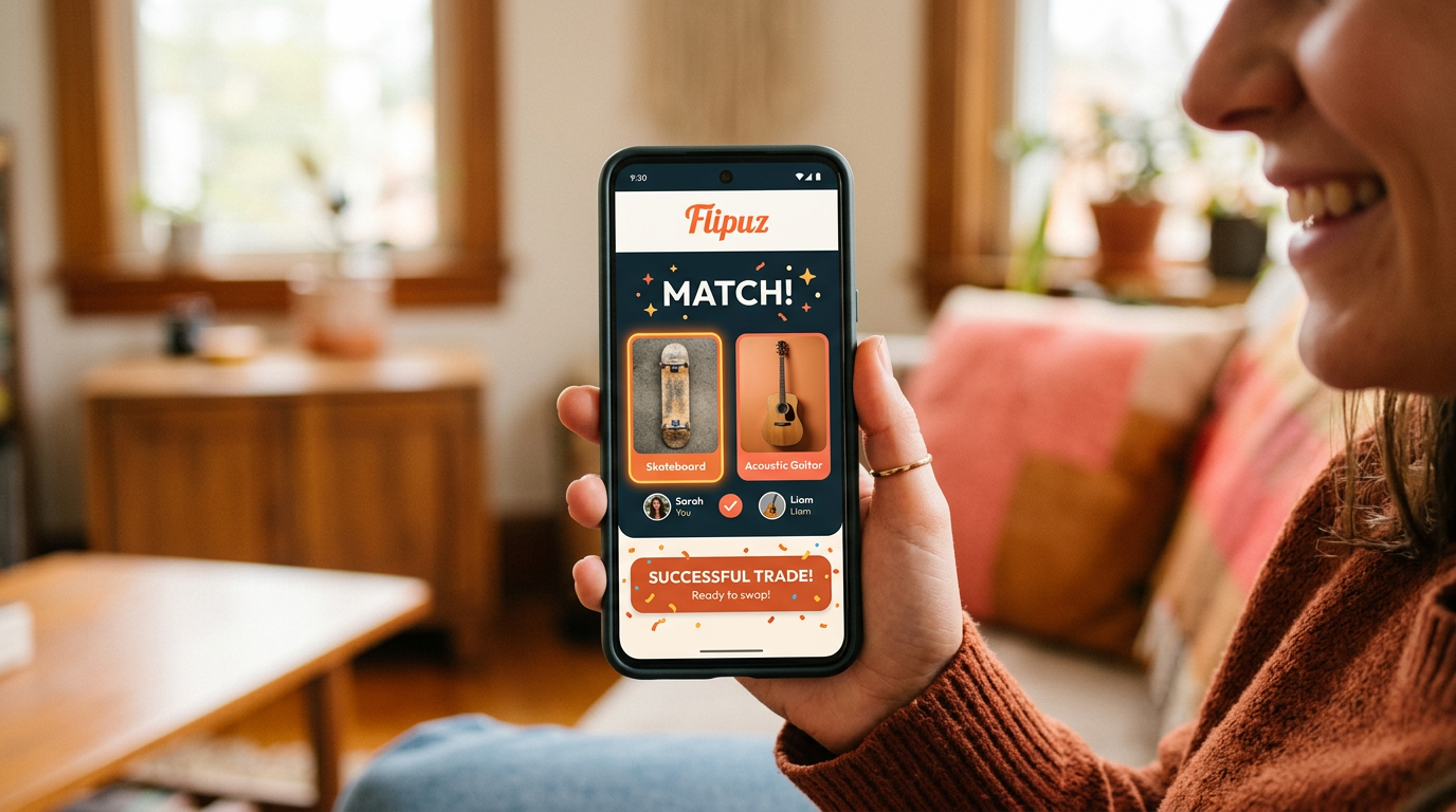 A screenshot of the Flipuz app showing a successful trade match between two users.