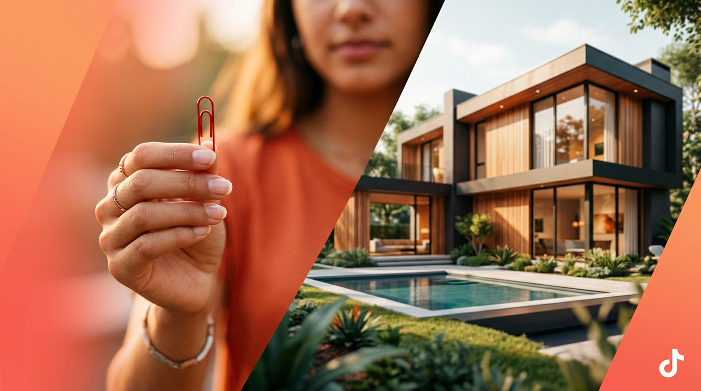 A hand holding a red paperclip with a house in the background, illustrating the concept of the TikTok trade up challenge.