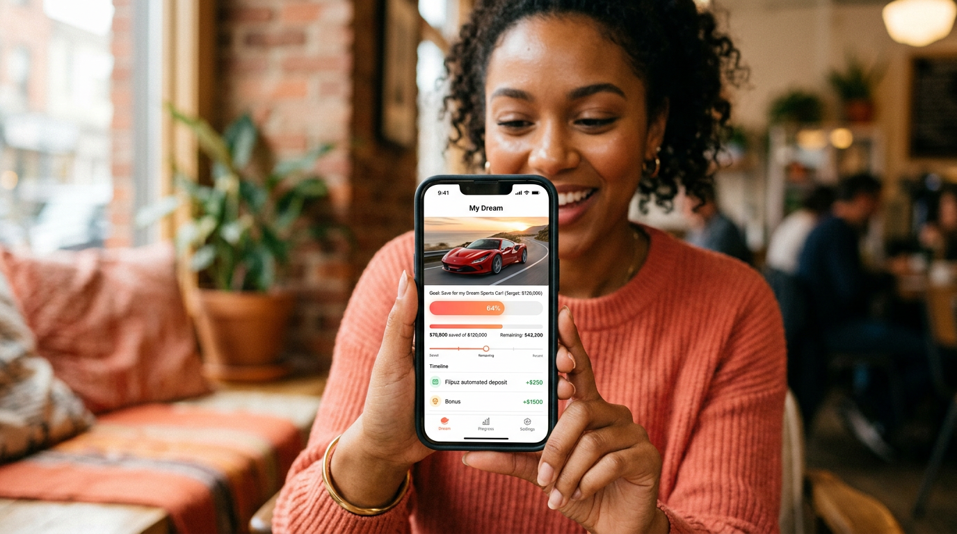 A user tracking their progress towards their dream car on the Flipuz gamified trading app.