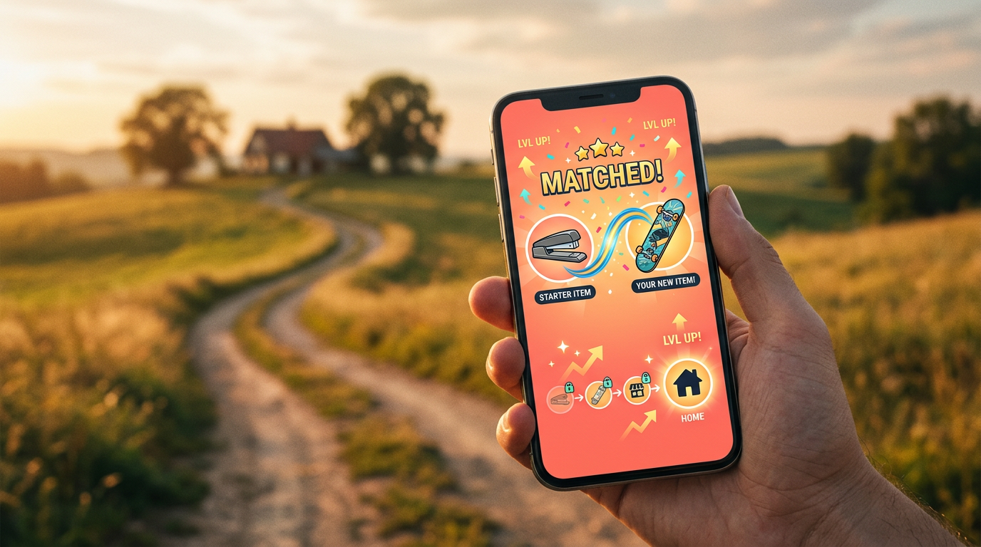 A smartphone displaying a match in a gamified bartering app, symbolizing the start of a trade-up journey.