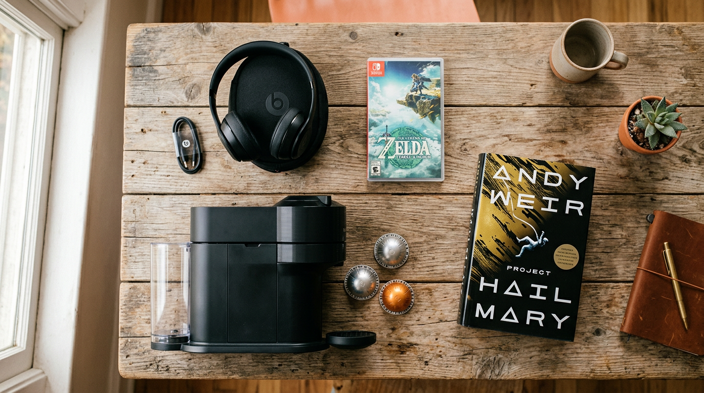 A collection of excellent starter items for a $20 trade up challenge, including headphones and a video game.