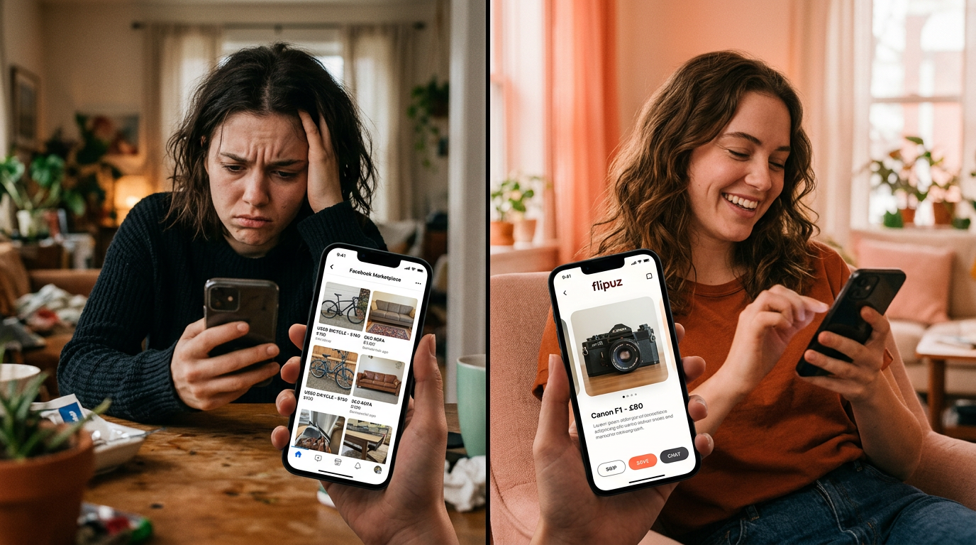 A comparison showing the frustrating experience of old bartering websites versus the fun, easy swiping on the Flipuz app.