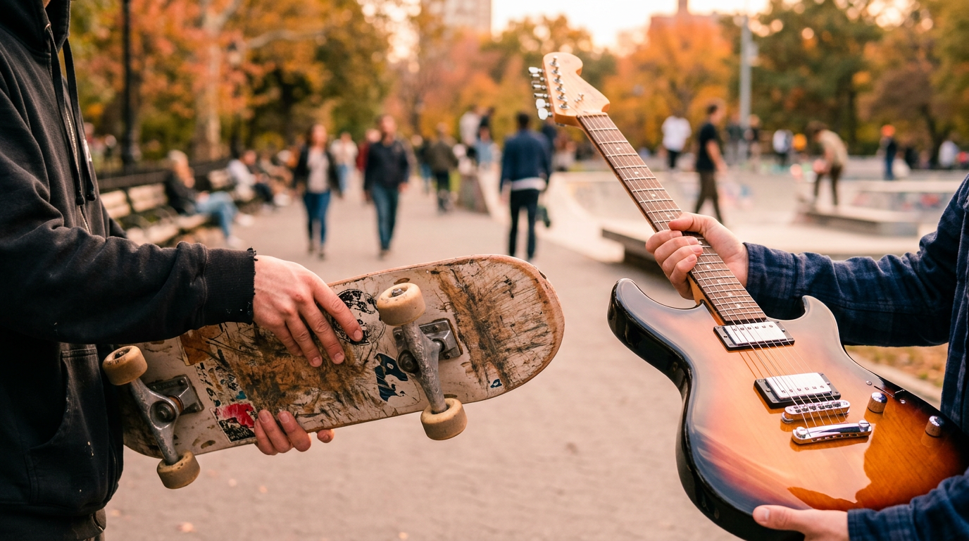 Two people bartering items, exchanging a skateboard for an electric guitar as part of a trade up challenge.