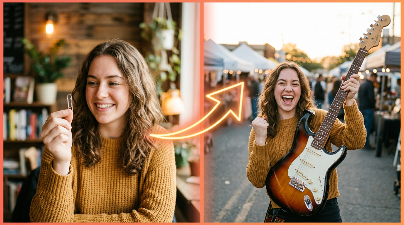 A before-and-after graphic showing a person successfully trading a small item for a much more valuable one.