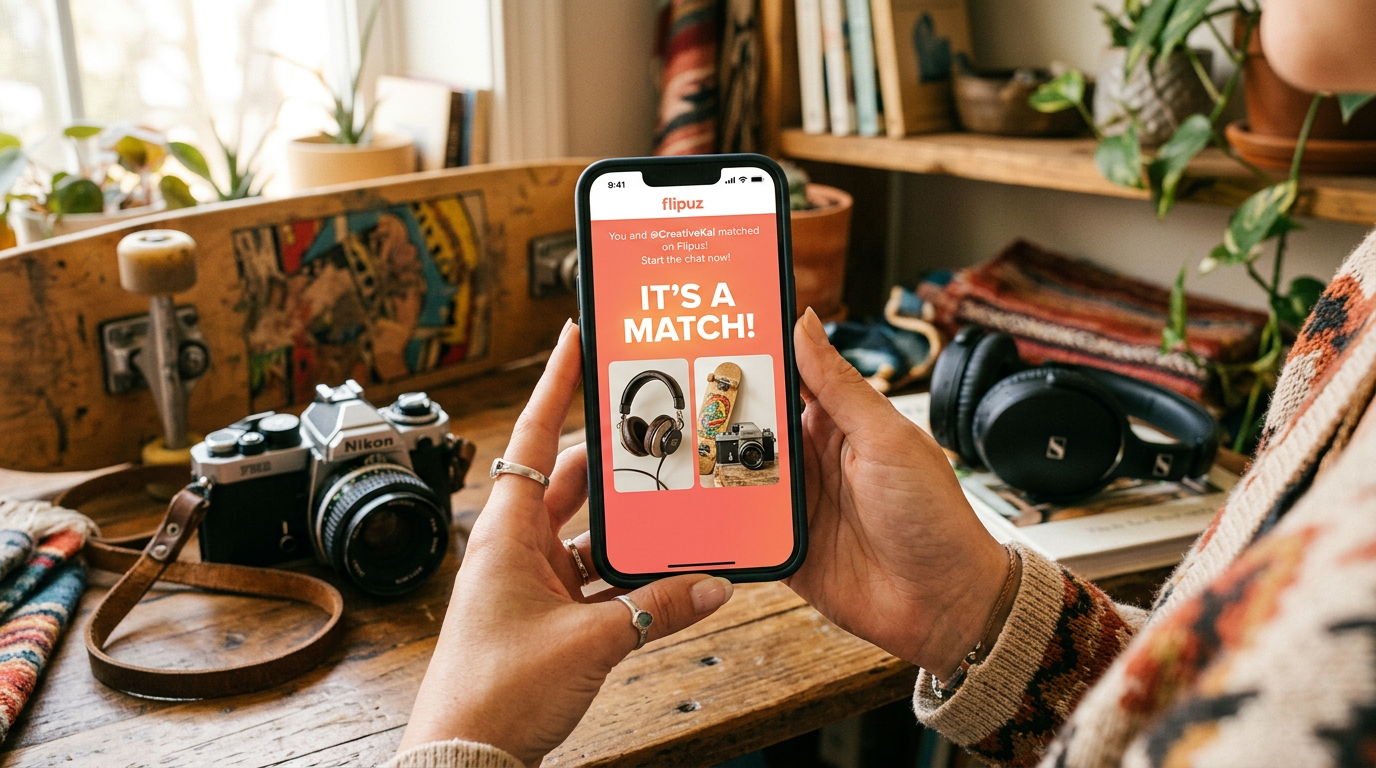 A user makes a successful trade match on the Flipuz app, with desirable items for trading in the background.