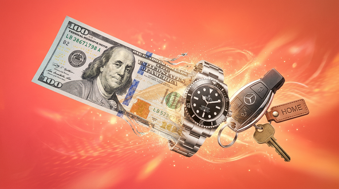 A one hundred dollar bill magically transforming into keys for a car and house, representing the $100 trade up challenge.
