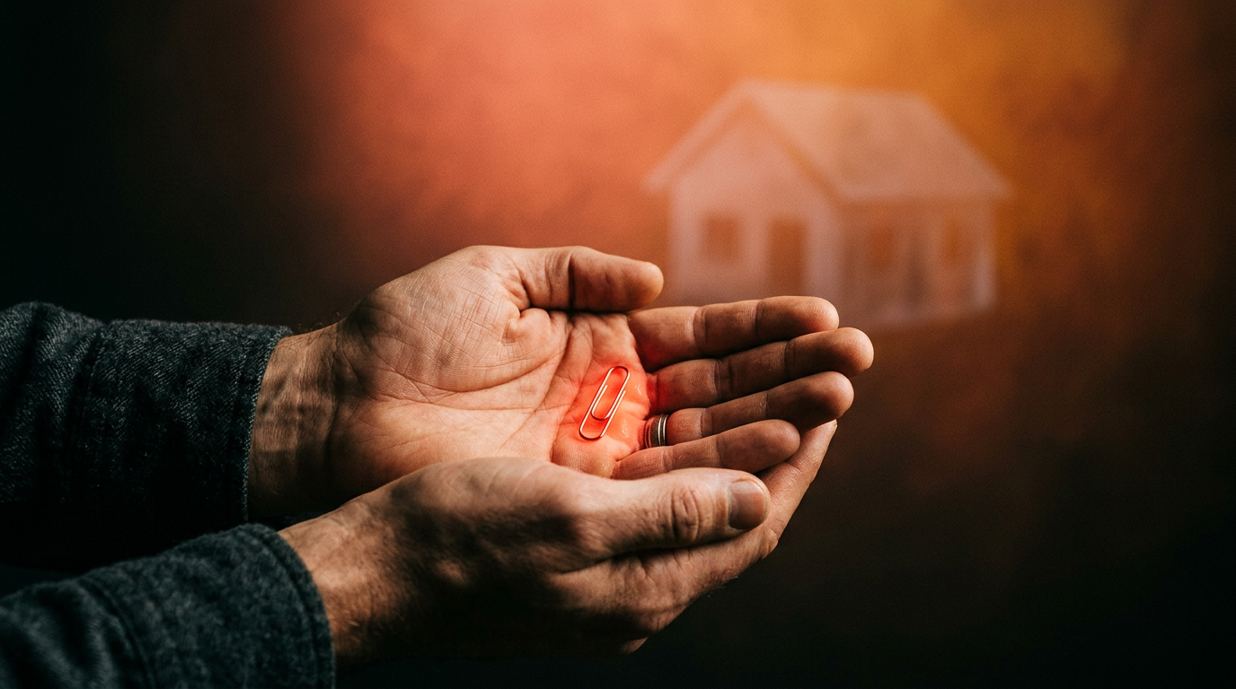 A hand holding a red paperclip, representing the first item in a trade-up challenge inspired by the famous red paperclip for a house trade.