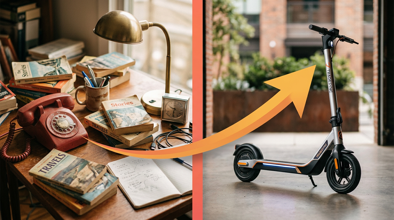 A before-and-after image showing a collection of small items being traded up for a single, more valuable electric scooter.