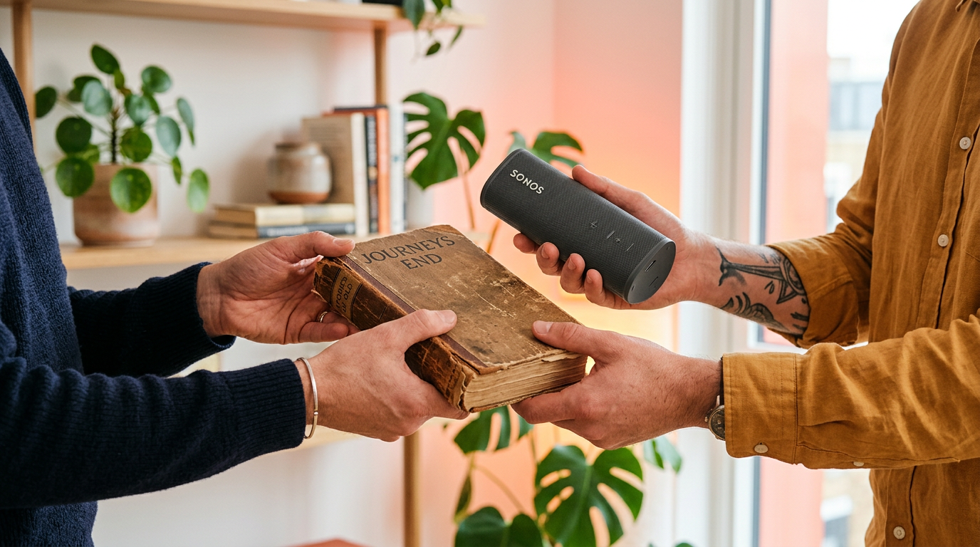 A person holding a book and a portable speaker, representing a successful item swap on Flipuz.