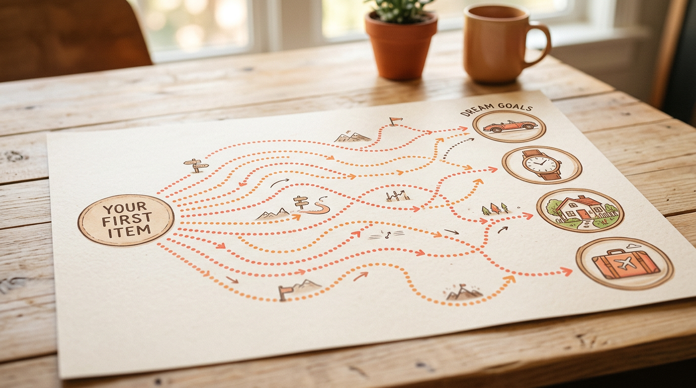 A flowchart illustrating the strategic paths you can take in the Flipuz trade up challenge to reach your dream goal.