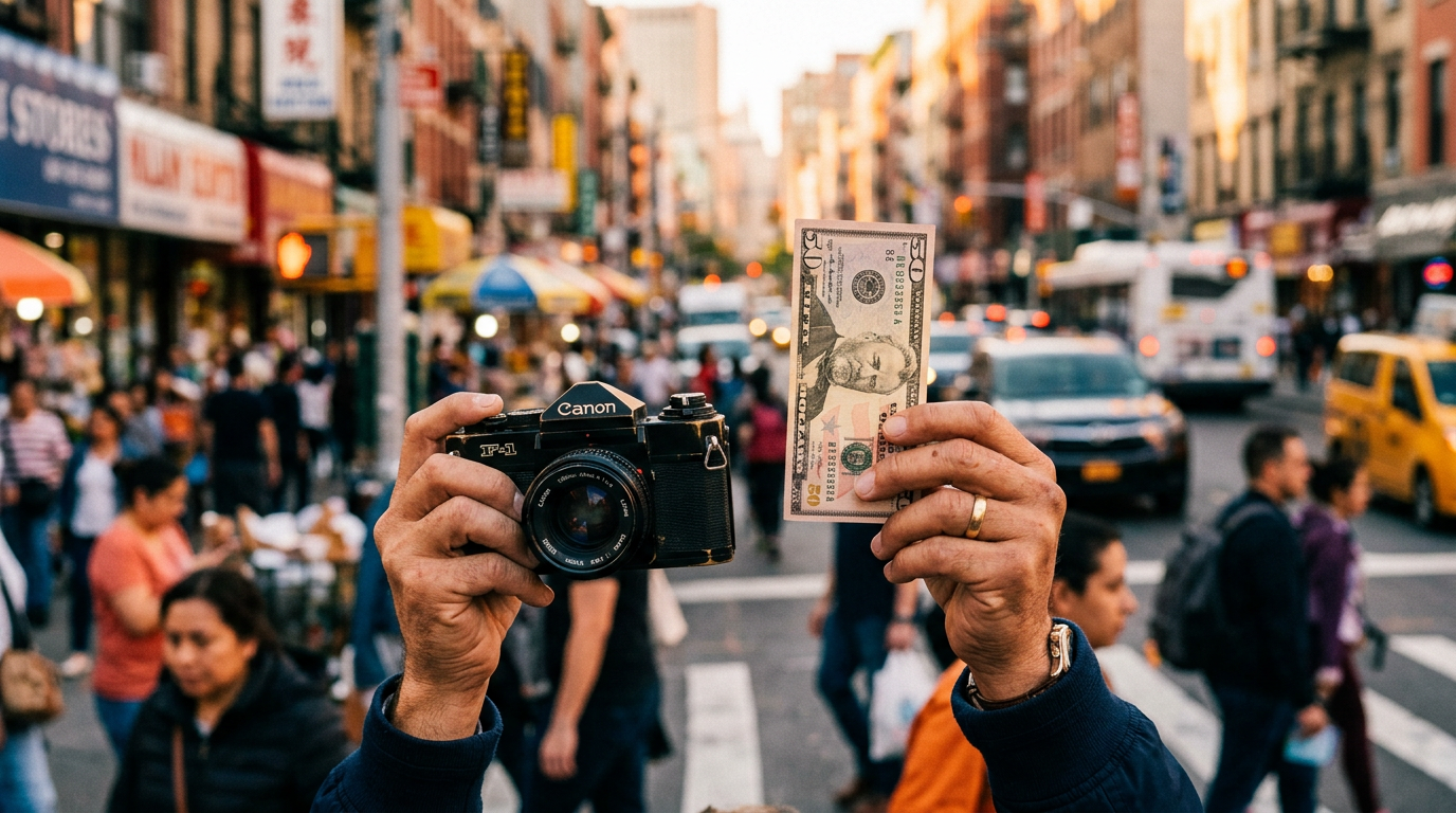 A person starting the $50 trade up challenge by exchanging a fifty-dollar bill for a vintage item.