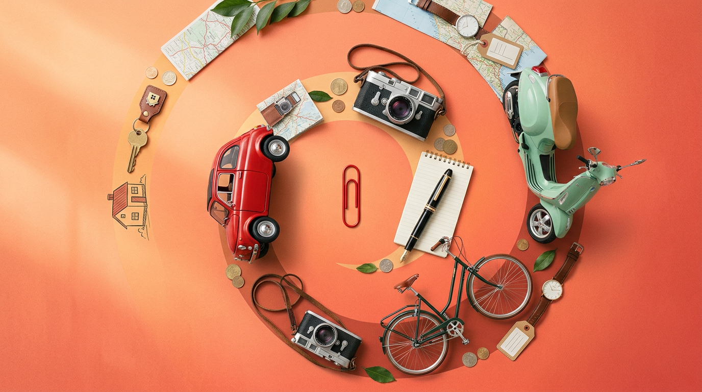 A visual representation of a free item trade up challenge, starting with a red paperclip and ending with a house key.