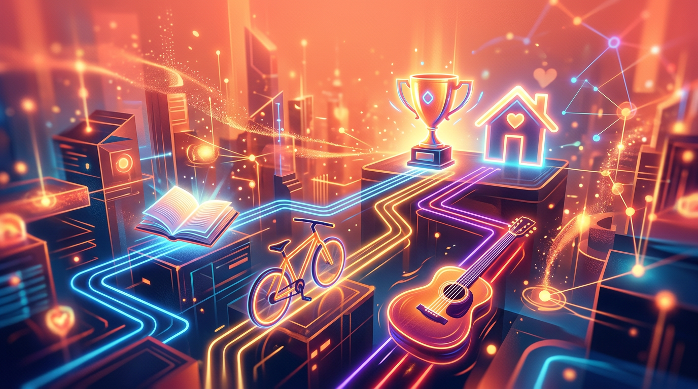Abstract visualization of a gamified marketplace showing items being traded up towards a final goal.