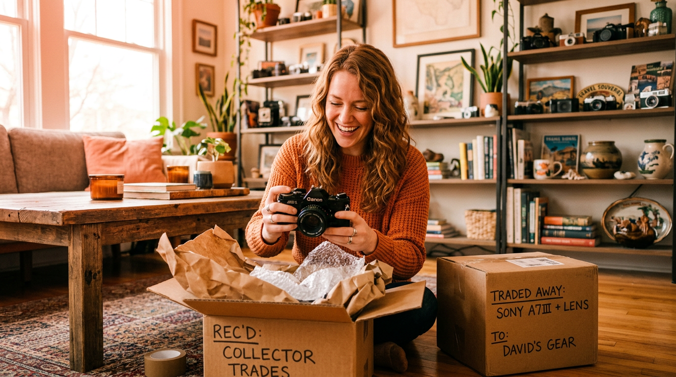 A happy trader unboxes a new item acquired through a gamified trade-up.