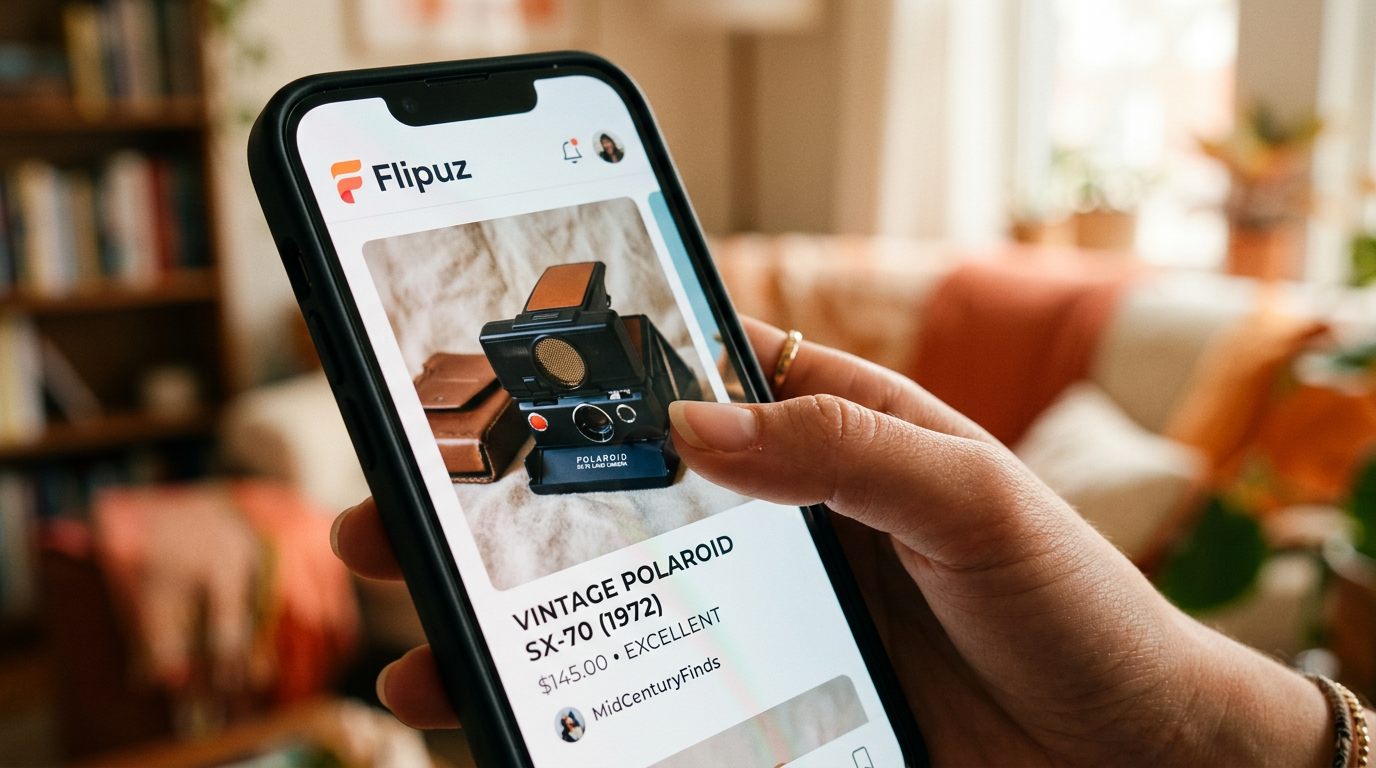 Swiping right on the Flipuz barter app to find a trade.