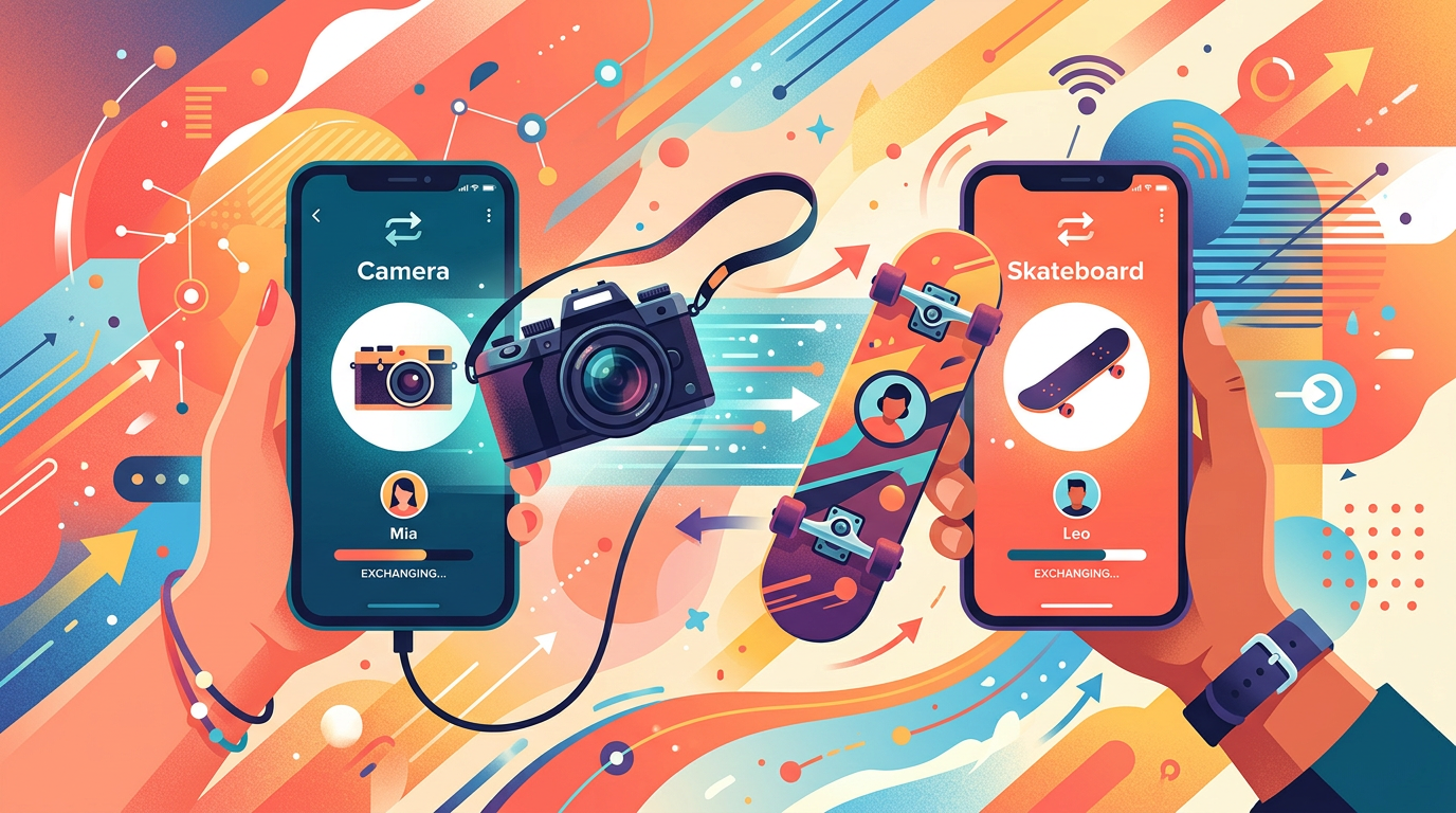 Illustration of two hands trading items through a barter app on a smartphone.