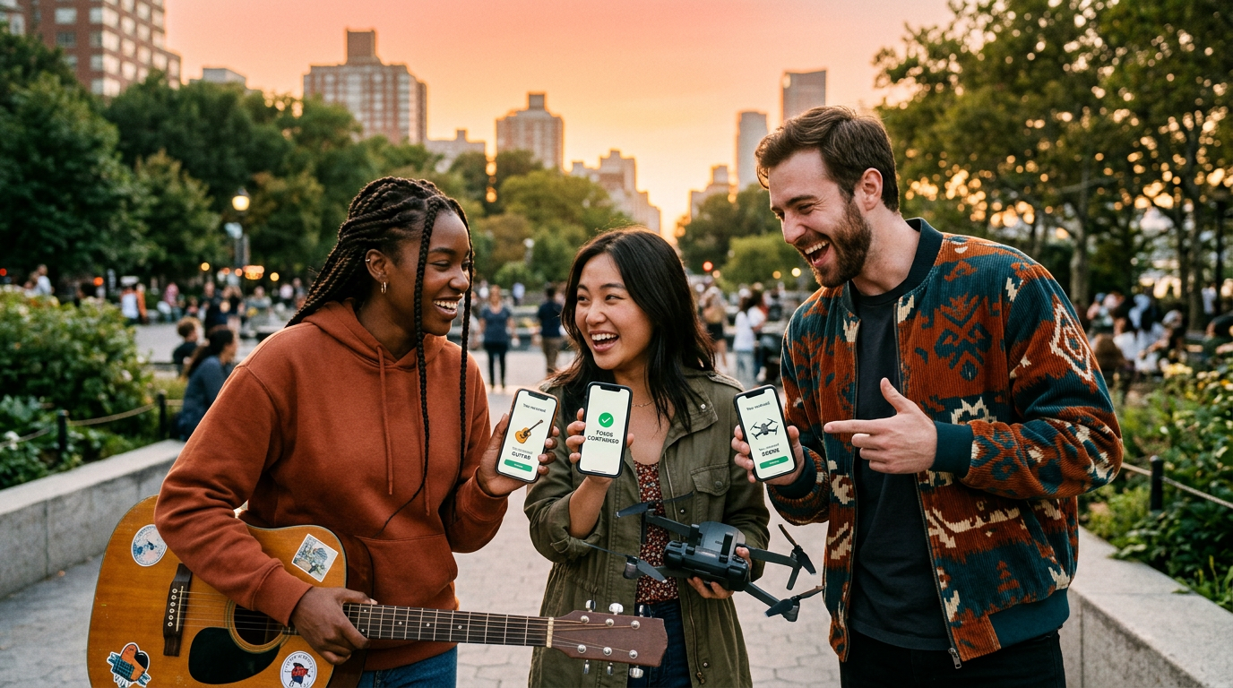 Friends celebrating a successful item swap made on a trading app.