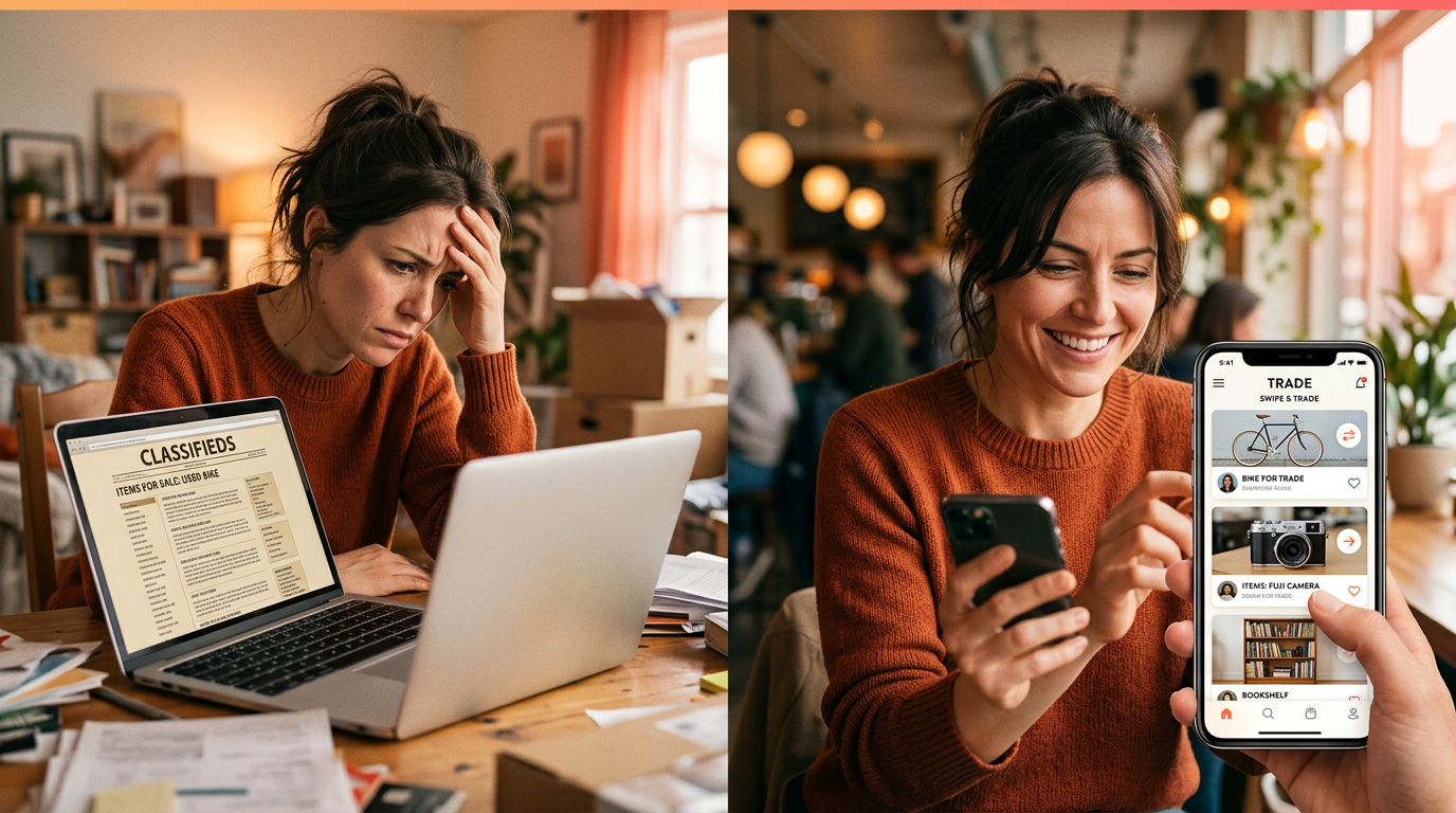 A comparison of old, frustrating online bartering versus the new, easy Flipuz trade up app.