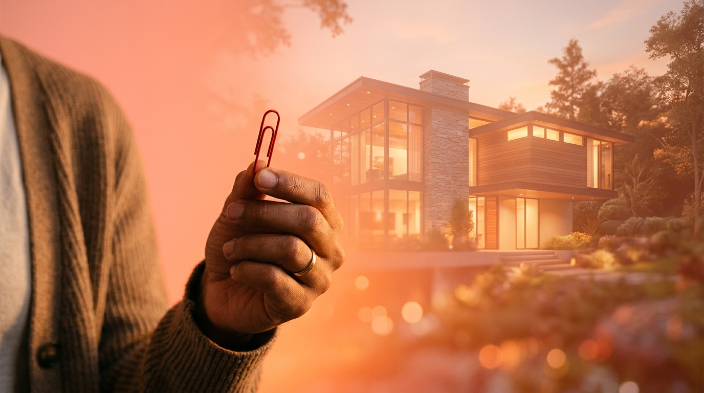 A hand holding a red paperclip, symbolizing the start of a trade up game with a house as the ultimate goal.
