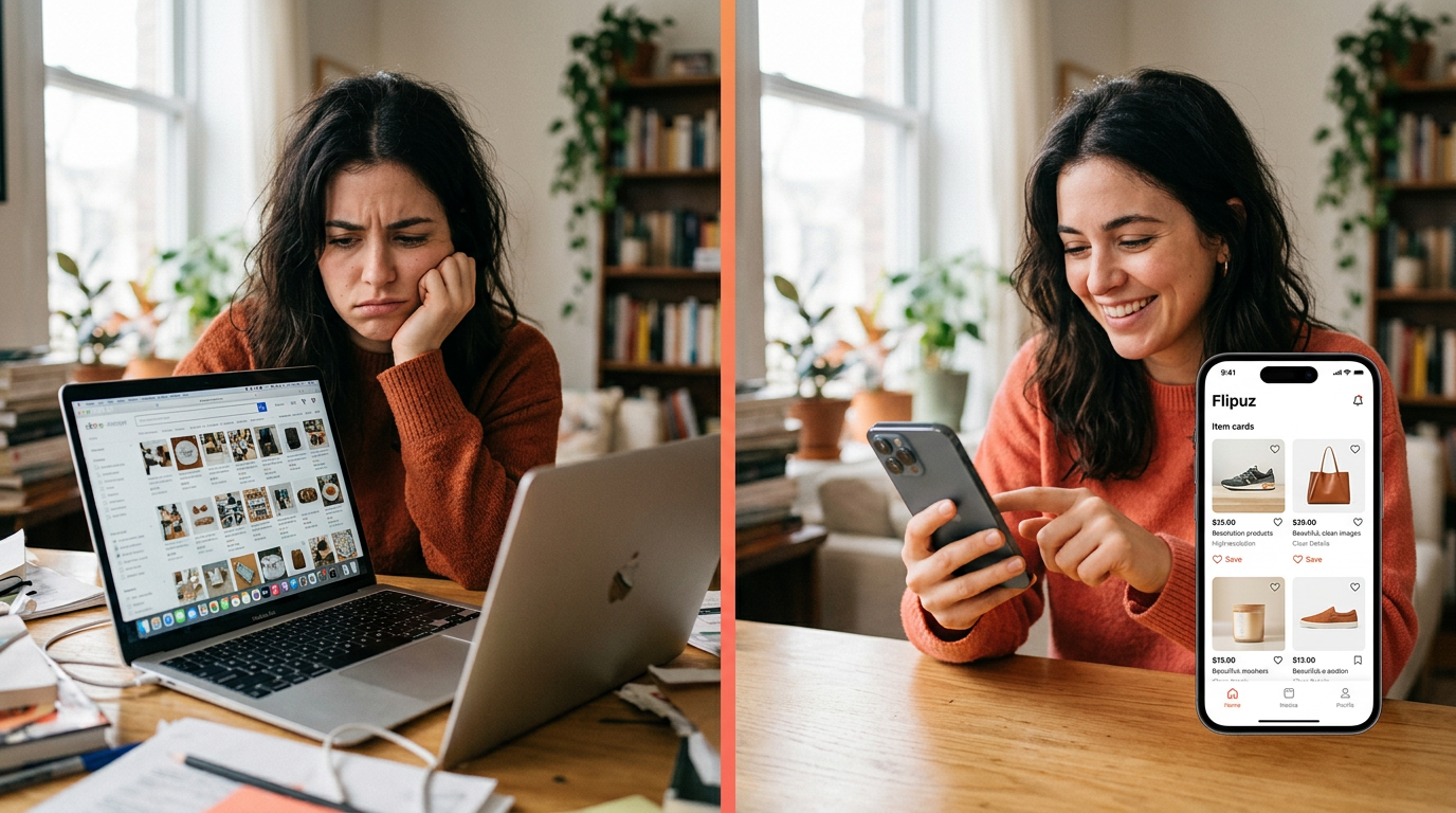 A user happily using the simple Flipuz trade up app compared to a confusing old marketplace website.