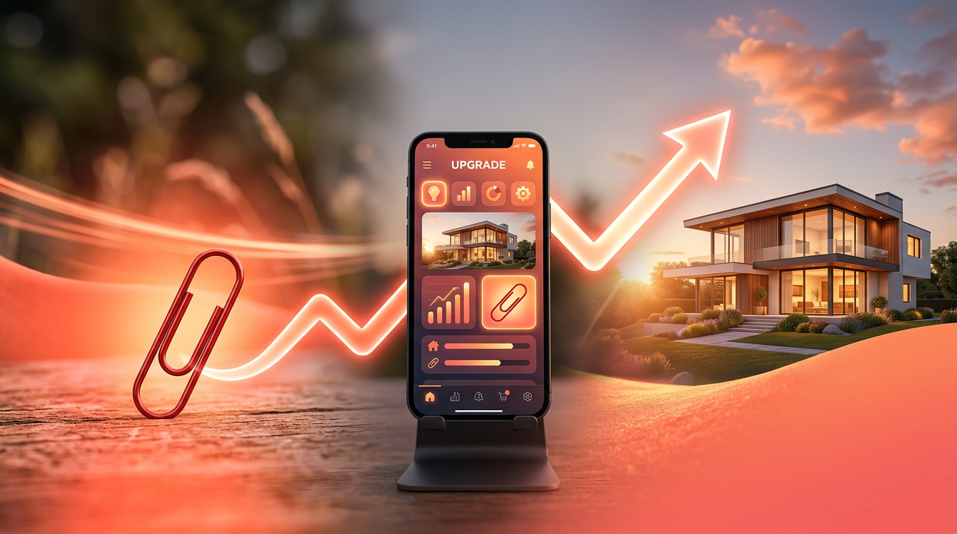 A red paperclip being traded up for a house, symbolizing the goal of a trade up challenge app.