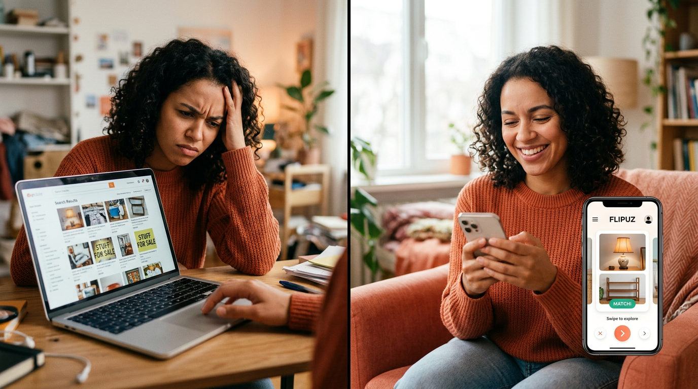 Comparing the frustrating experience of old trading websites with the easy, fun experience of the Flipuz app.