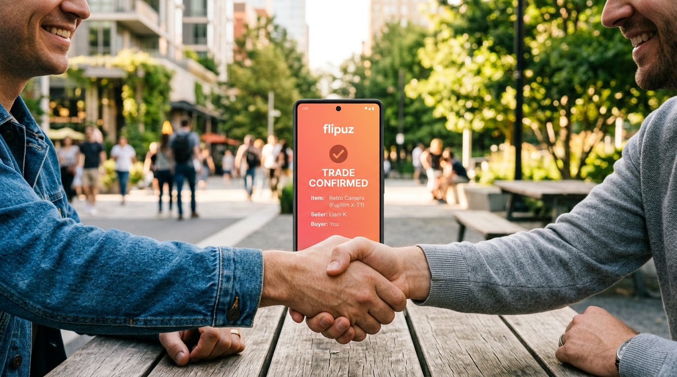 Two people confirming a trade on the Flipuz app.