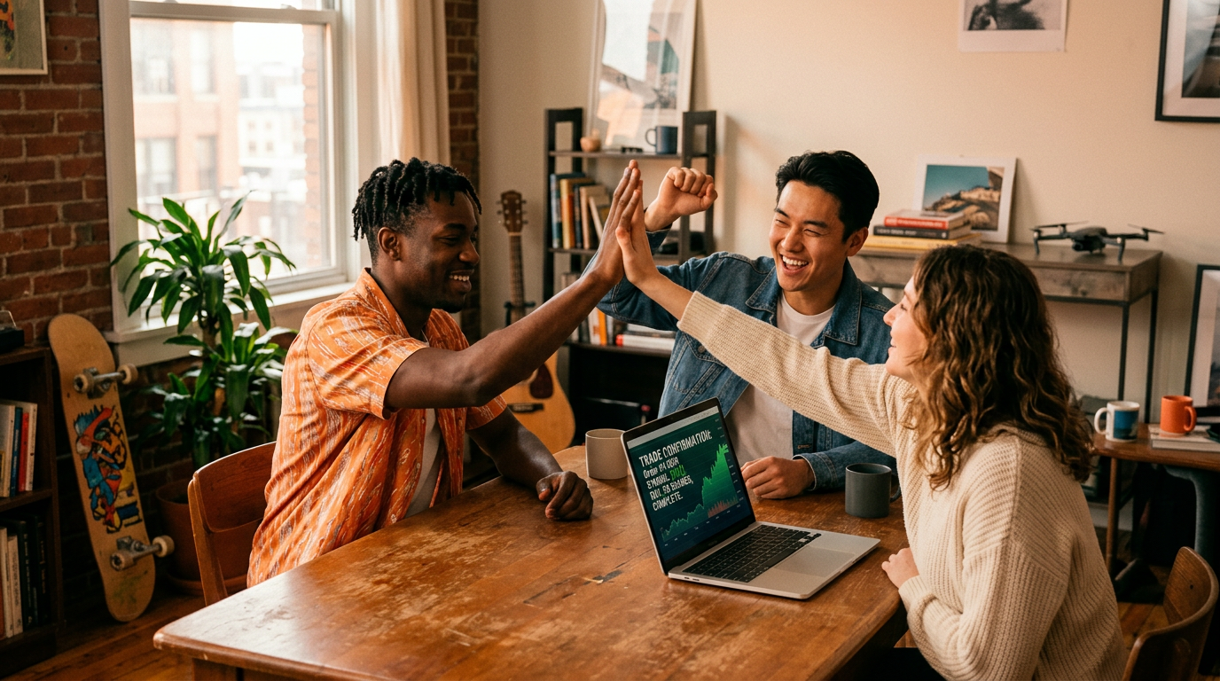 A group of friends celebrating a successful trade on the Flipuz app.