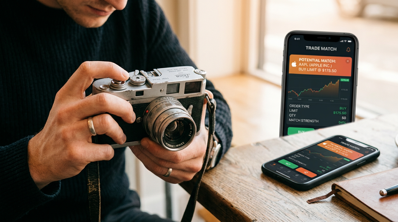 A person strategizing their next trade on a smartphone app while holding a vintage camera.