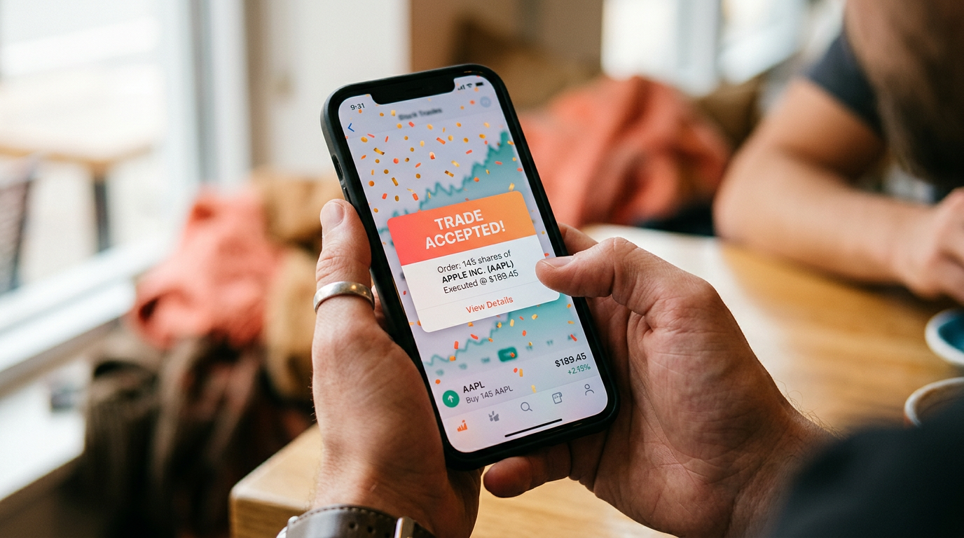 A user celebrating a successful trade on the Flipuz app.