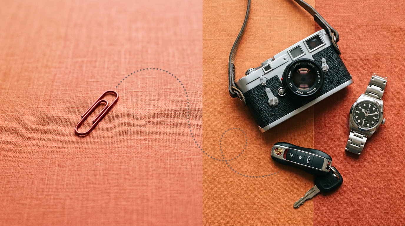 Visual representation of the trade-up journey, from a red paperclip to valuable items.