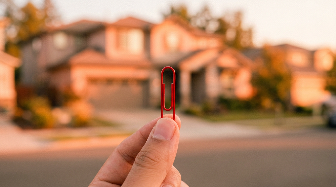 A red paperclip in front of a blurry image of a house, representing the start of a trade up challenge.