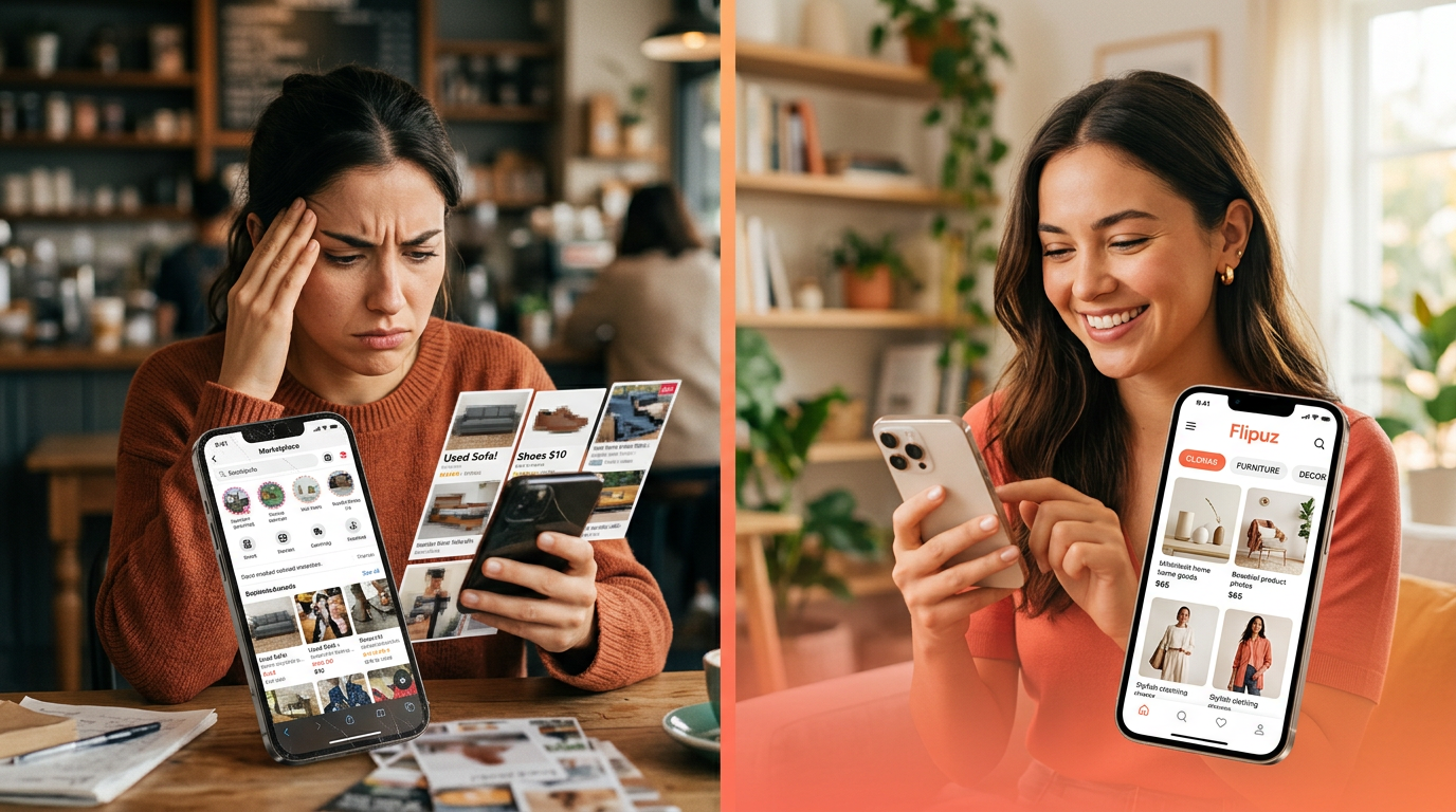 A comparison showing the frustrating experience of a typical marketplace versus the easy and fun experience of using the Flipuz app.