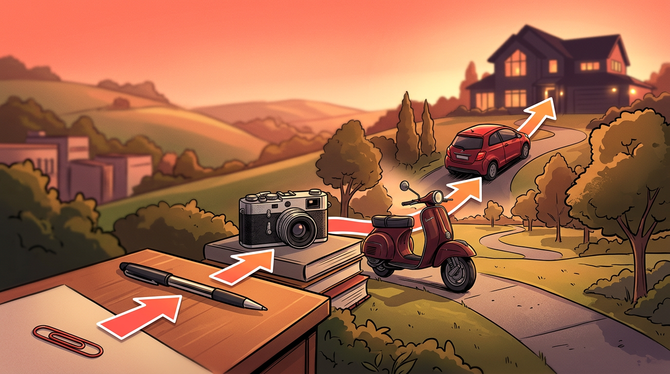 A graphic illustrating the concept of a trade up challenge, starting with a red paperclip and ending with a house.