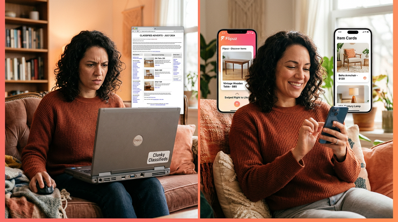 A comparison showing the frustration of old trading websites versus the ease of using the Flipuz app.