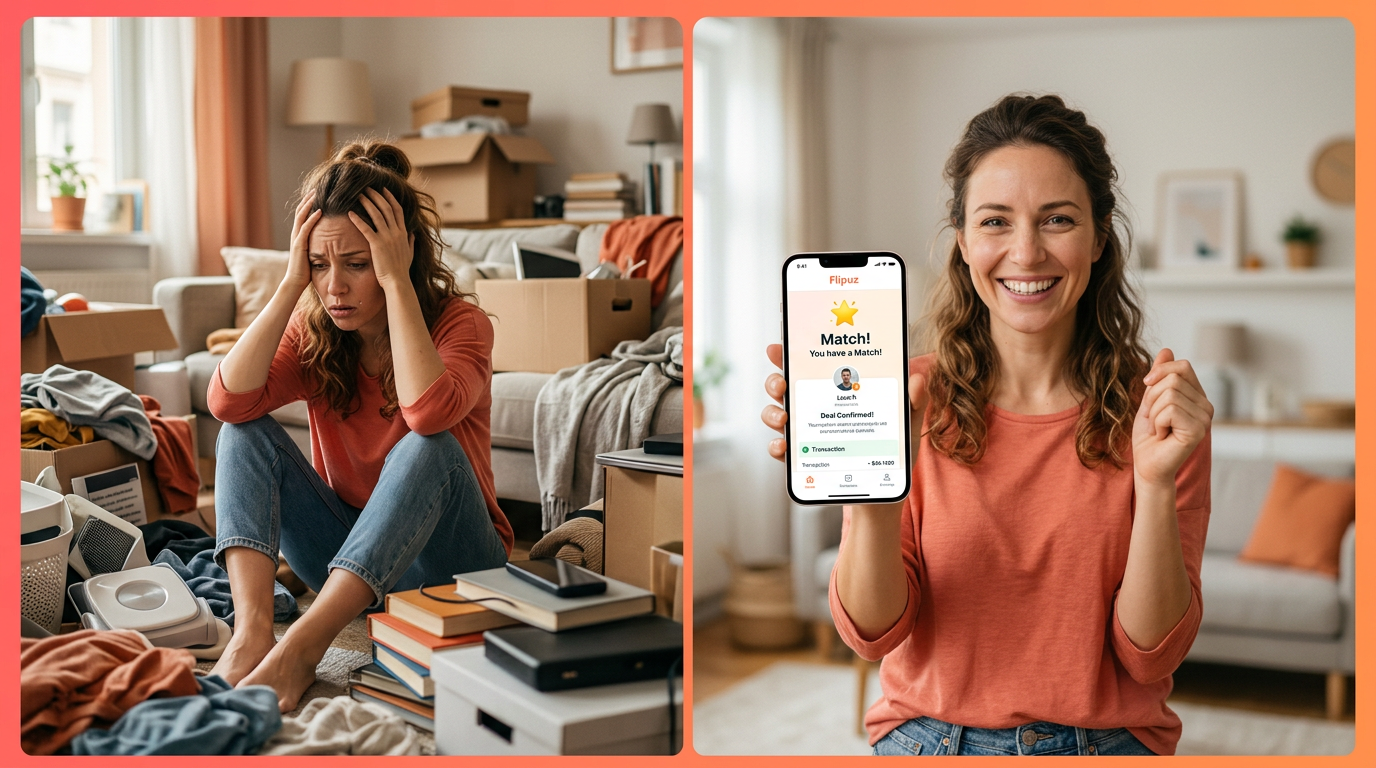 A before-and-after of a user finding a successful trade on the Flipuz app.