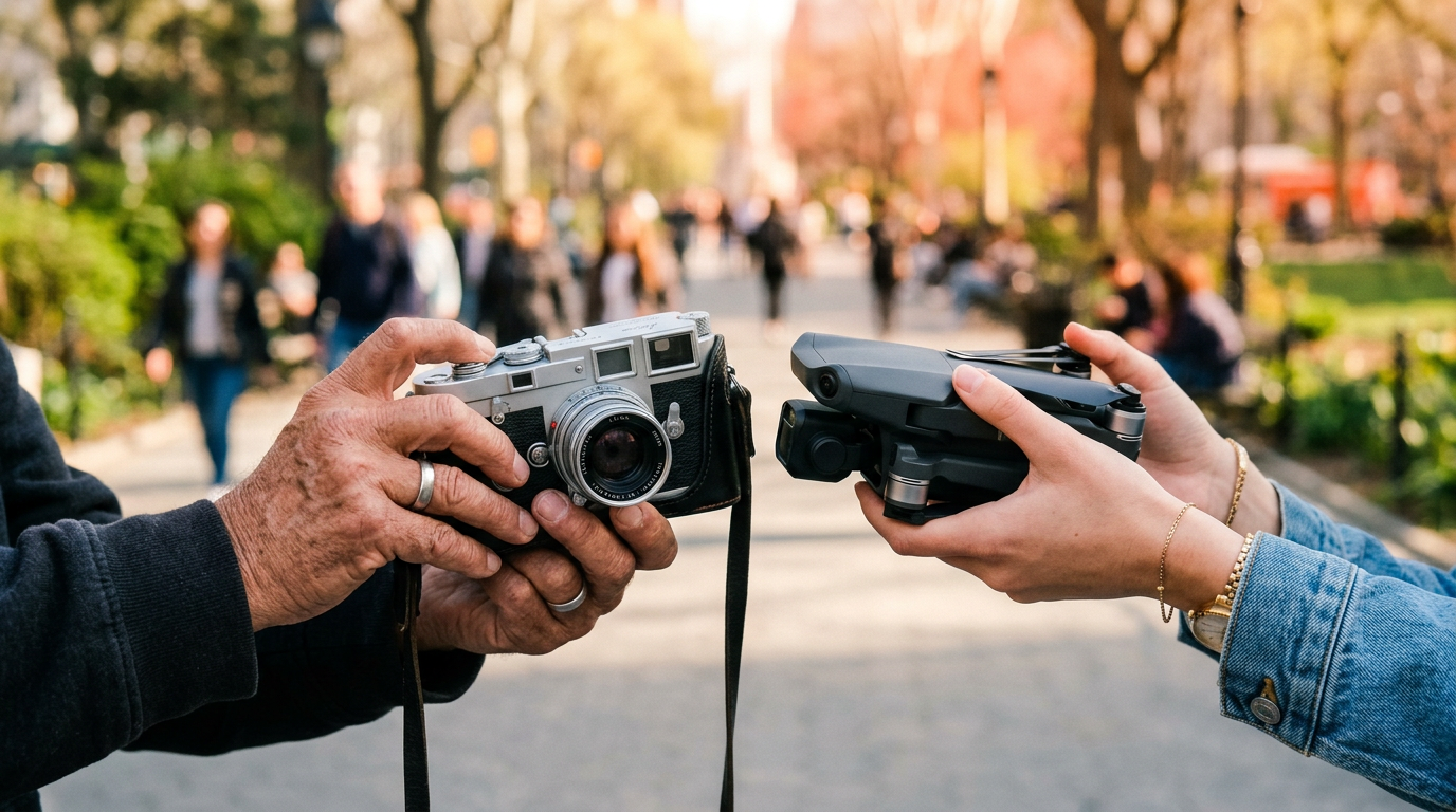 Two people successfully making a trade of a camera for a drone in a park.