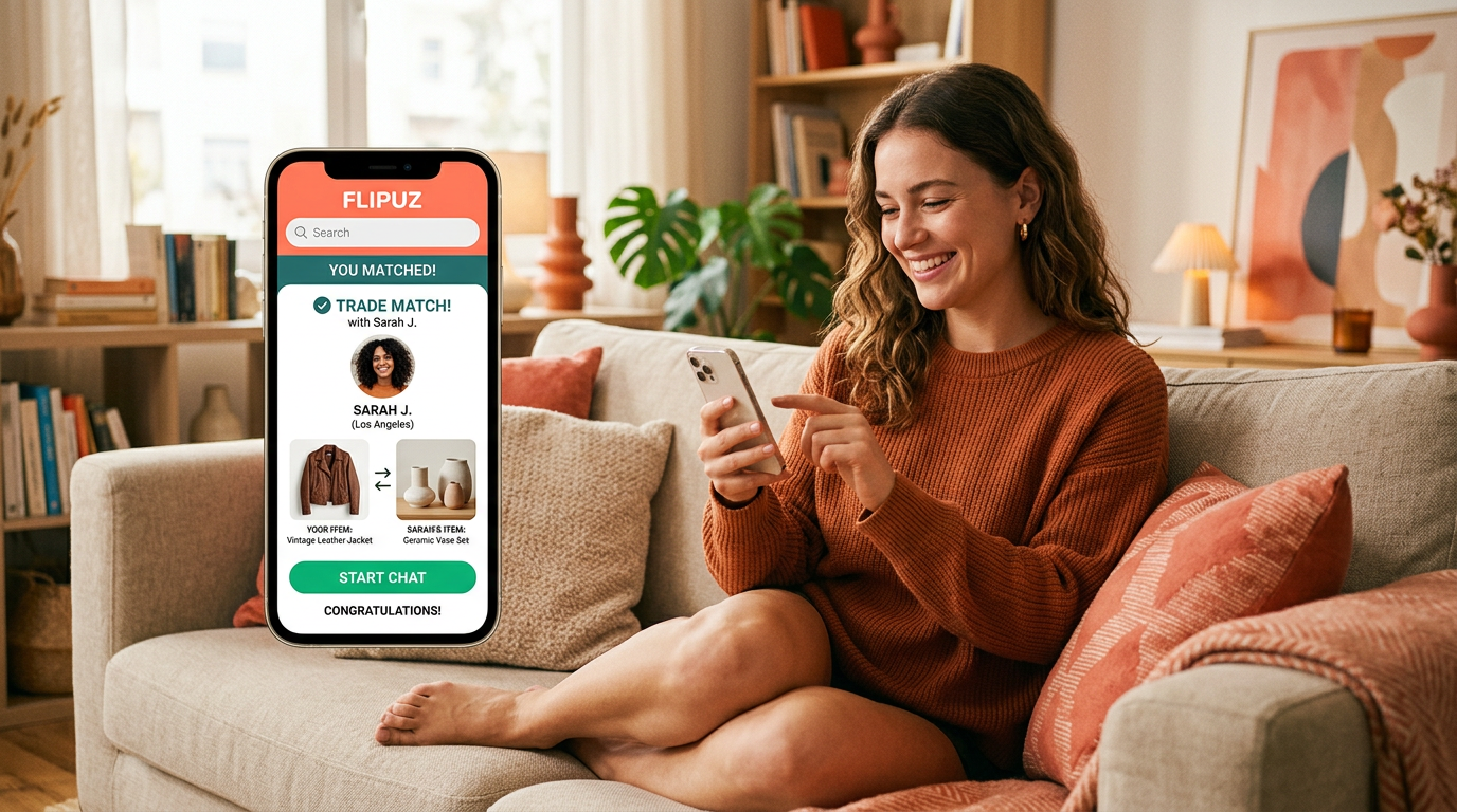 A user happily swiping and matching on the Flipuz trade-up app.
