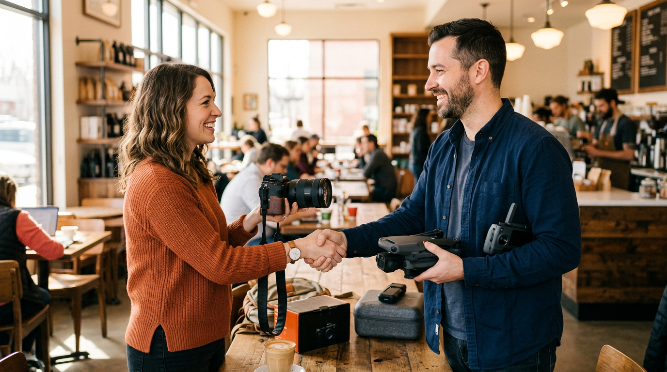 Two people completing a safe and successful item trade in a public place, exchanging a camera for a drone.