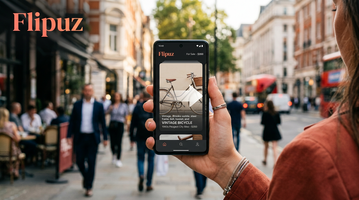 A user engaging with the Flipuz item trading app on their phone, swiping to match with another user for a trade.