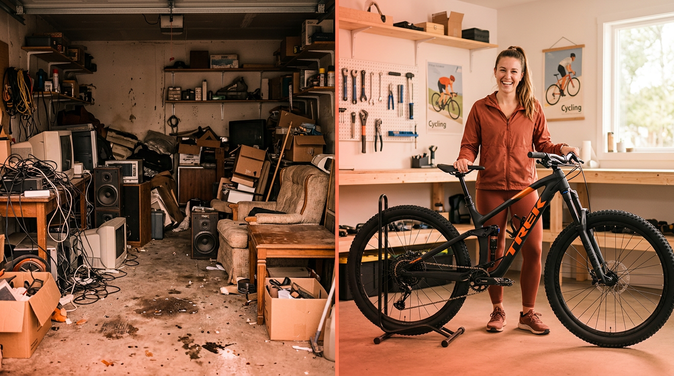 A before-and-after image showing clutter being traded up for a valuable mountain bike.