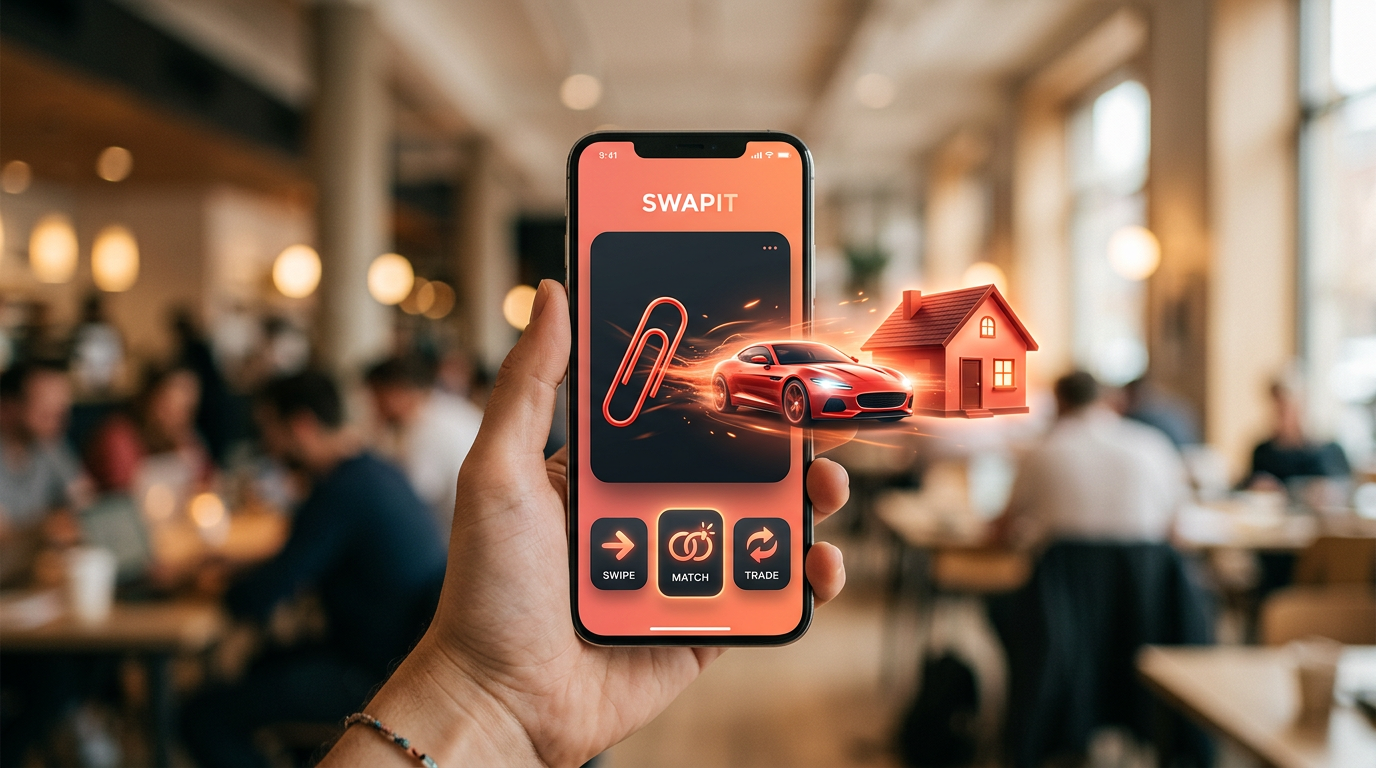 A smartphone displaying a gamified bartering app that shows a trade-up sequence from a paperclip to a house.