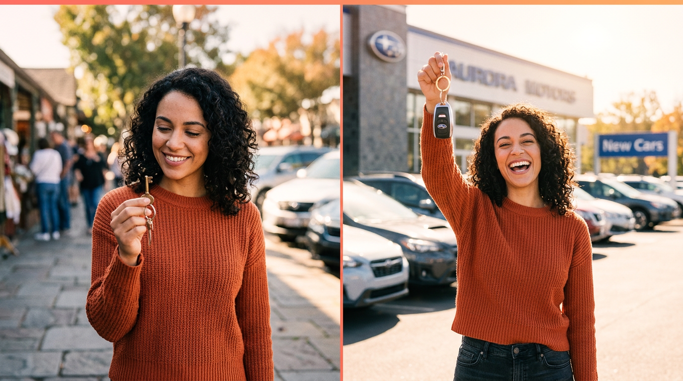 A before-and-after image showing a trader starting with a small item and ending with car keys.